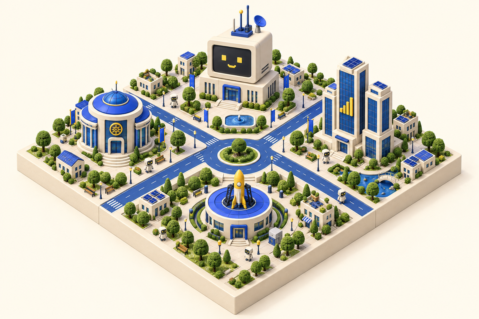 dGenius Agent city map with Agent HQ, the Book, Market District, and Launch Lab